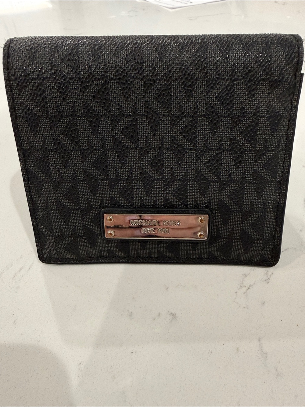 Michael Kors Black MK Monogram Bi-Fold Wallet w/ silver Michael Kors plaque EUC